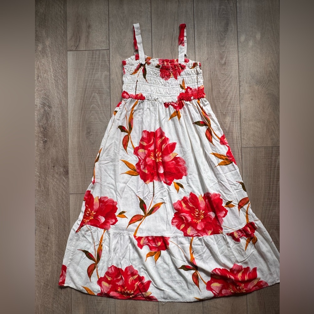 Linen Blend Maxi Sundress with Red Floral Print Vacation Summer Boho Sz Med